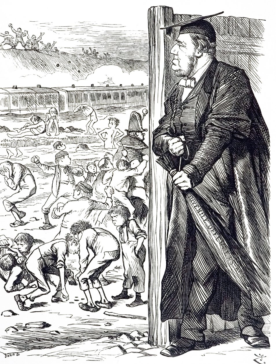 一幅描绘威廉·弗农·哈考特 (William Vernon Harcourt)（1827-1904 年）的漫画，当内政大臣建议引入桦树而不是拘留少年犯时。 由约翰·坦尼尔 (John Tenniel，1820-1914 年) 绘制，他是一位英国插画家、图形幽默家、 作者 约翰·坦尼尔