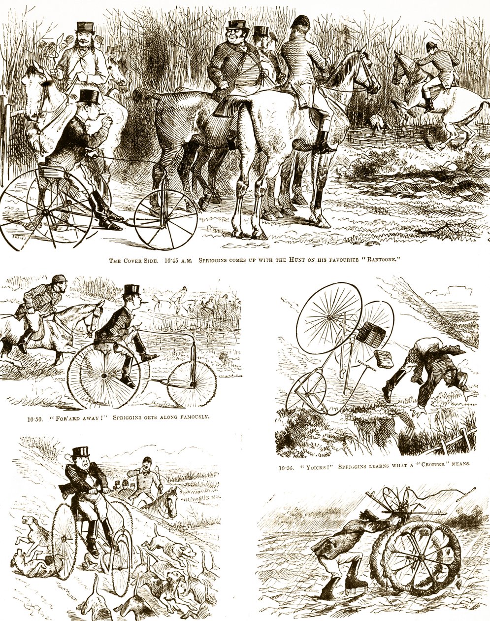 A cartoon depicting a man hunting on a tricycle. Illustrated by John Tenniel (1820-1914) an English illustrator, graphic humourist, and political cartoonist 作者 约翰·坦尼尔