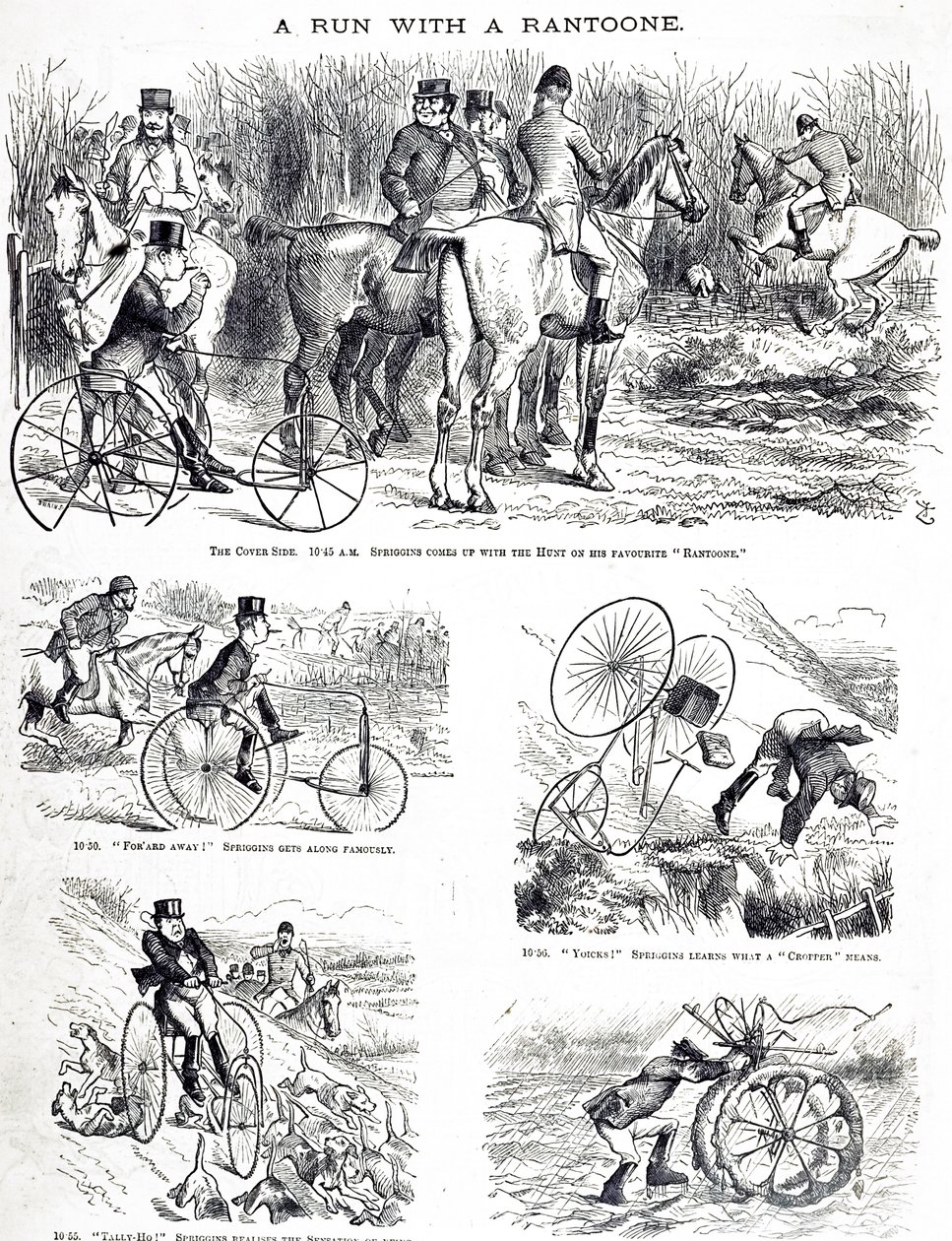 A cartoon depicting a man hunting on a tricycle. Illustrated by John Tenniel (1820-1914) an English illustrator, graphic humourist, and political cartoonist 作者 约翰·坦尼尔