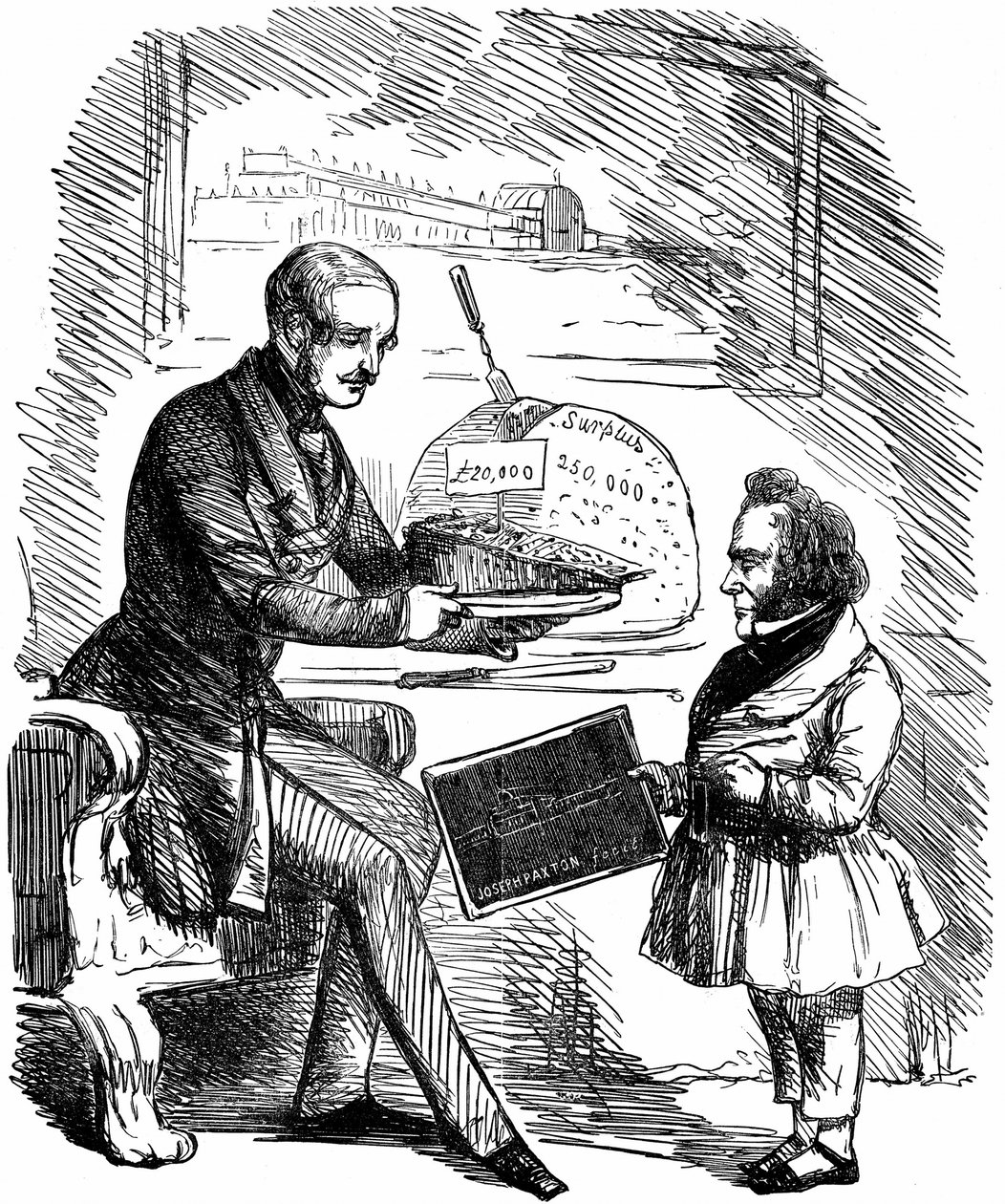Albert, Prince Consort of Queen Victoria, handing Joseph Paxton, designer of the Crystal Palace, a £20,000 slice of 