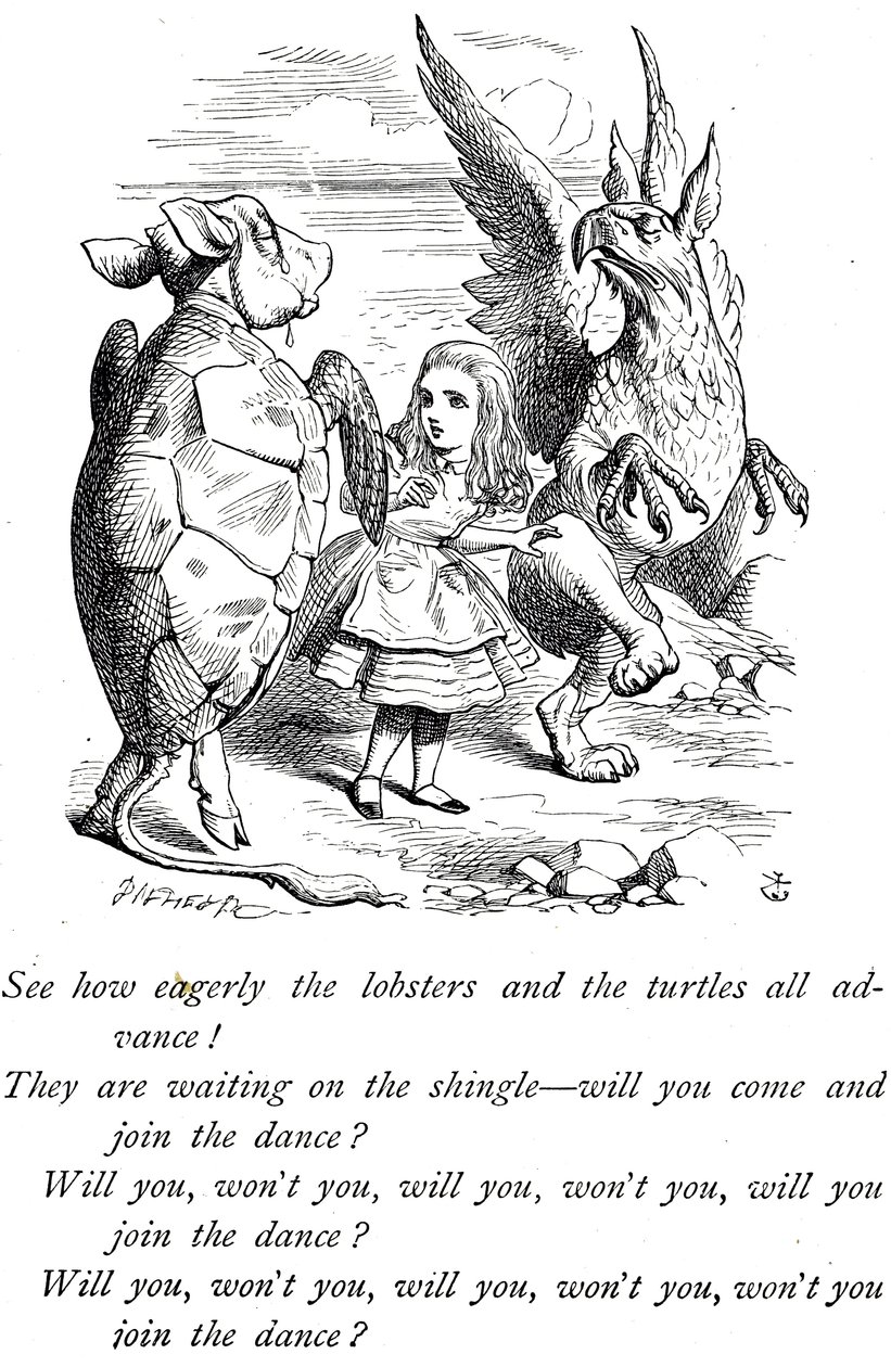 Alice, Mock Turtle and the Gryphon from Alice