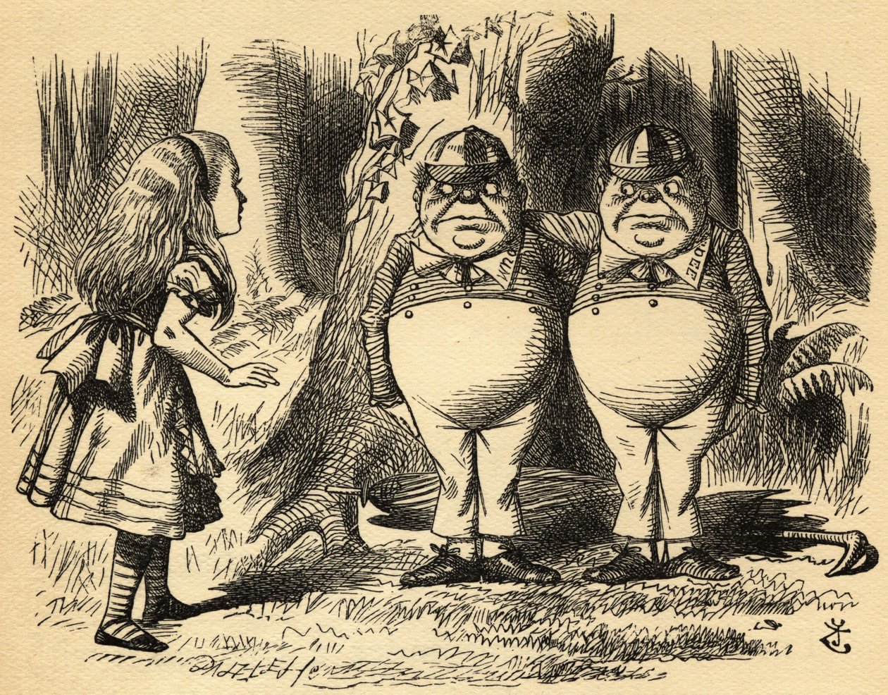 Alice with Tweedledum 和 Tweedledee。 约翰·坦尼尔爵士的插图 作者 约翰·坦尼尔