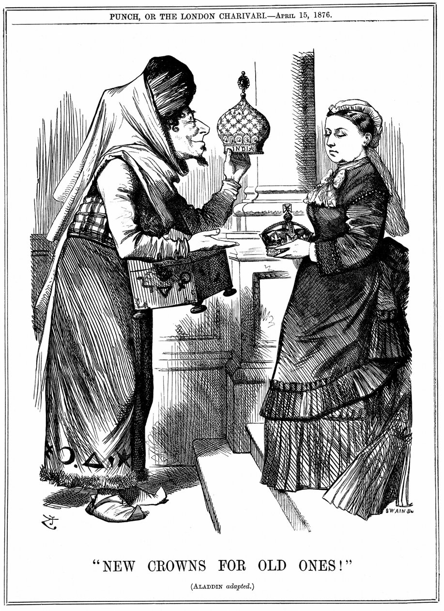 Benjamin Disraeli offering the crown of India to Queen Victoria. She was proclaimed Empress of India on l May 1876. John Tenniel cartoon from Punch London 15 April 1876 作者 约翰·坦尼尔