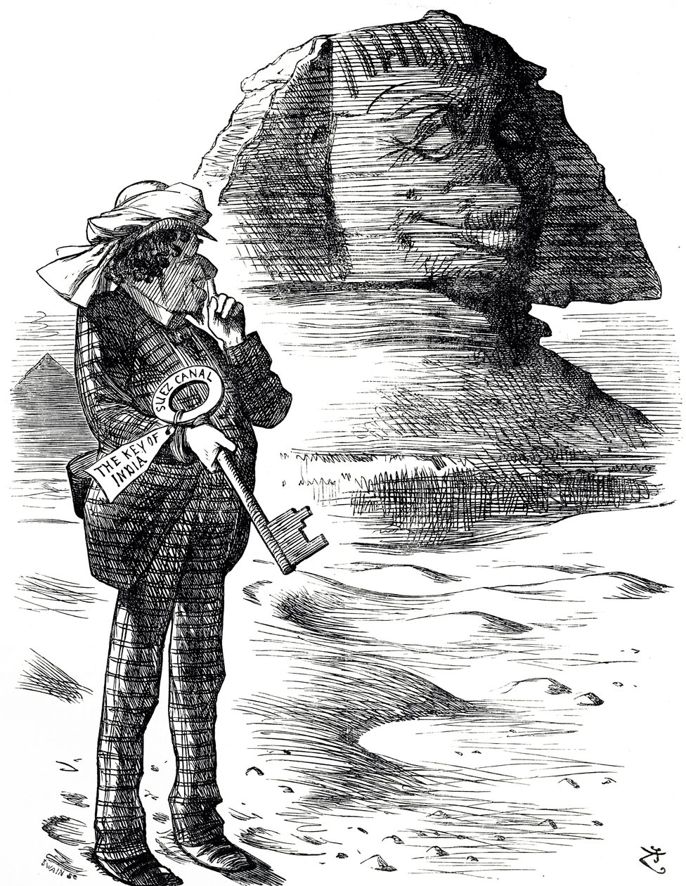 Cartoon depicting Prime Minister Benjamin Disraeli holding the Suez Canal as the key to the British possession and influence in India 作者 约翰·坦尼尔