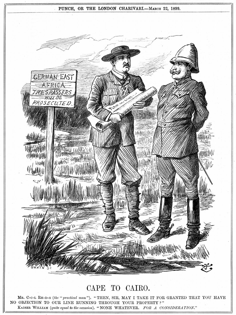 Cecil John Rhodes (1852-1902) English-born South African statesman, asking the German emperor for permission to run a telegraph line through German East Africa. Cape To Cairo, cartoon by John Tenniel from 
