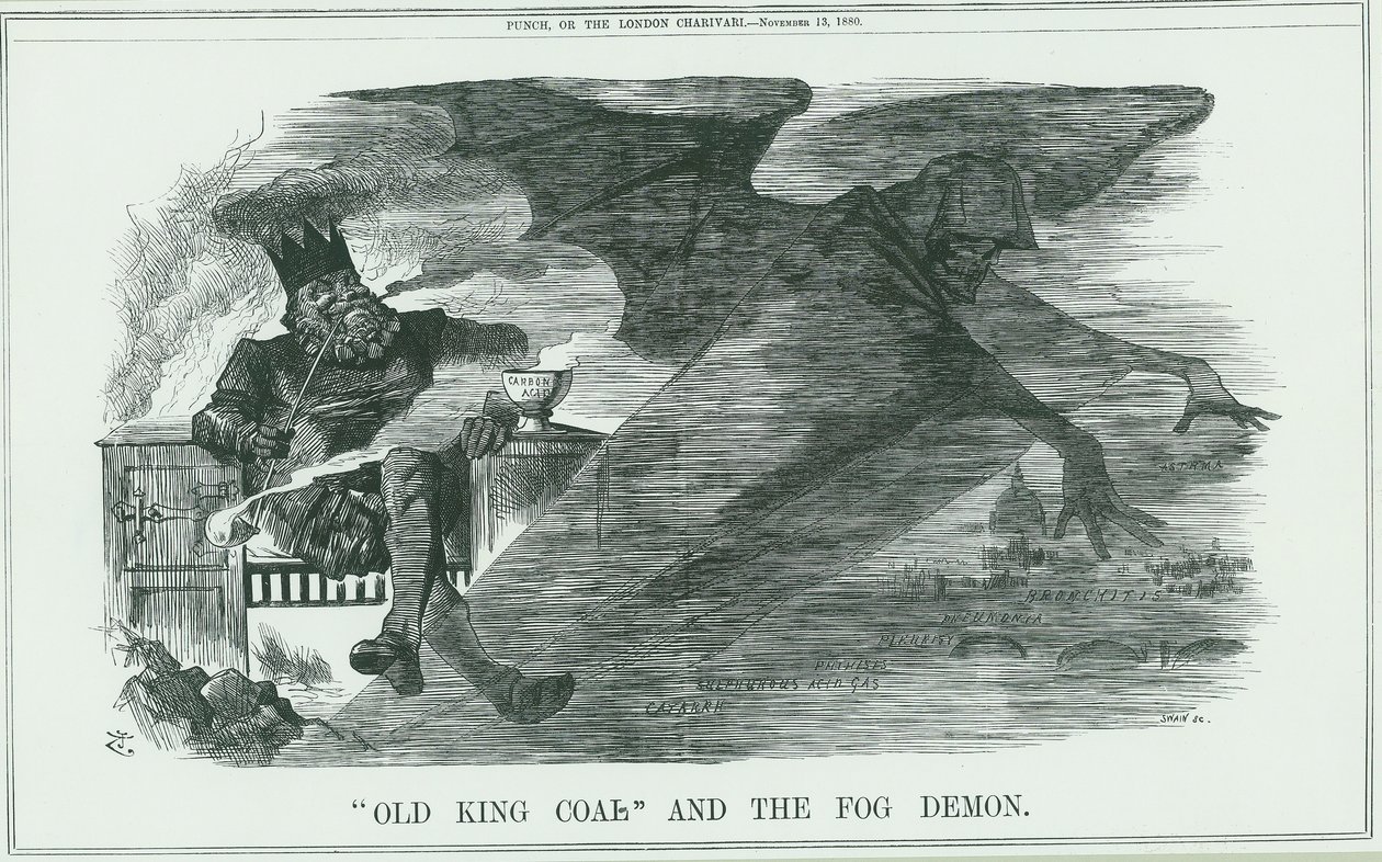 Effects of burning Old King Coal on London. The fog caused Asthma, Bronchitis, Pneumonia, Pleurisy,etc. John Tenniel cartoon from Punch, London 作者 约翰·坦尼尔
