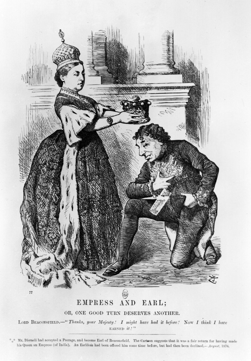 皇后和伯爵，或者，一个好的转机值得另一个，摘自1876年8月的 "Punch or the London Charivari"（雕刻）（黑白照片）。 作者 约翰·坦尼尔