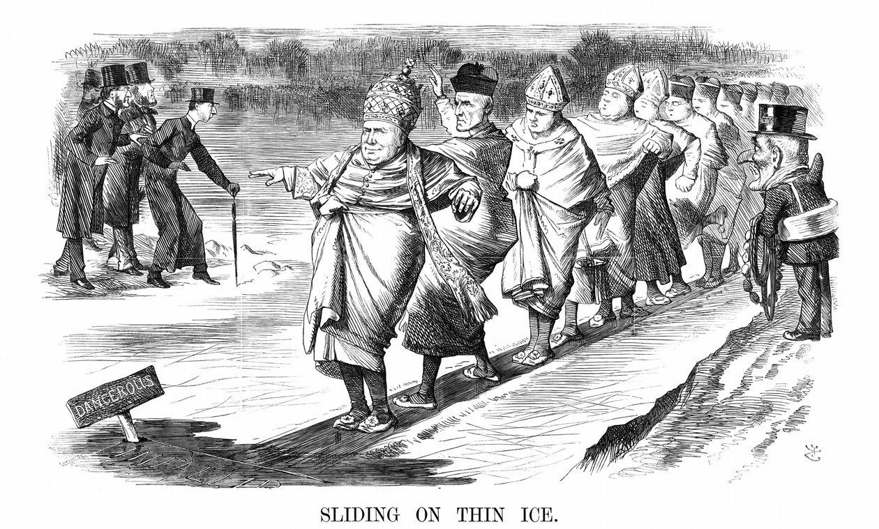 English converts to Rome including Newman, skating on thin ice while, on left, Pusey and his Anglo-Catholic 