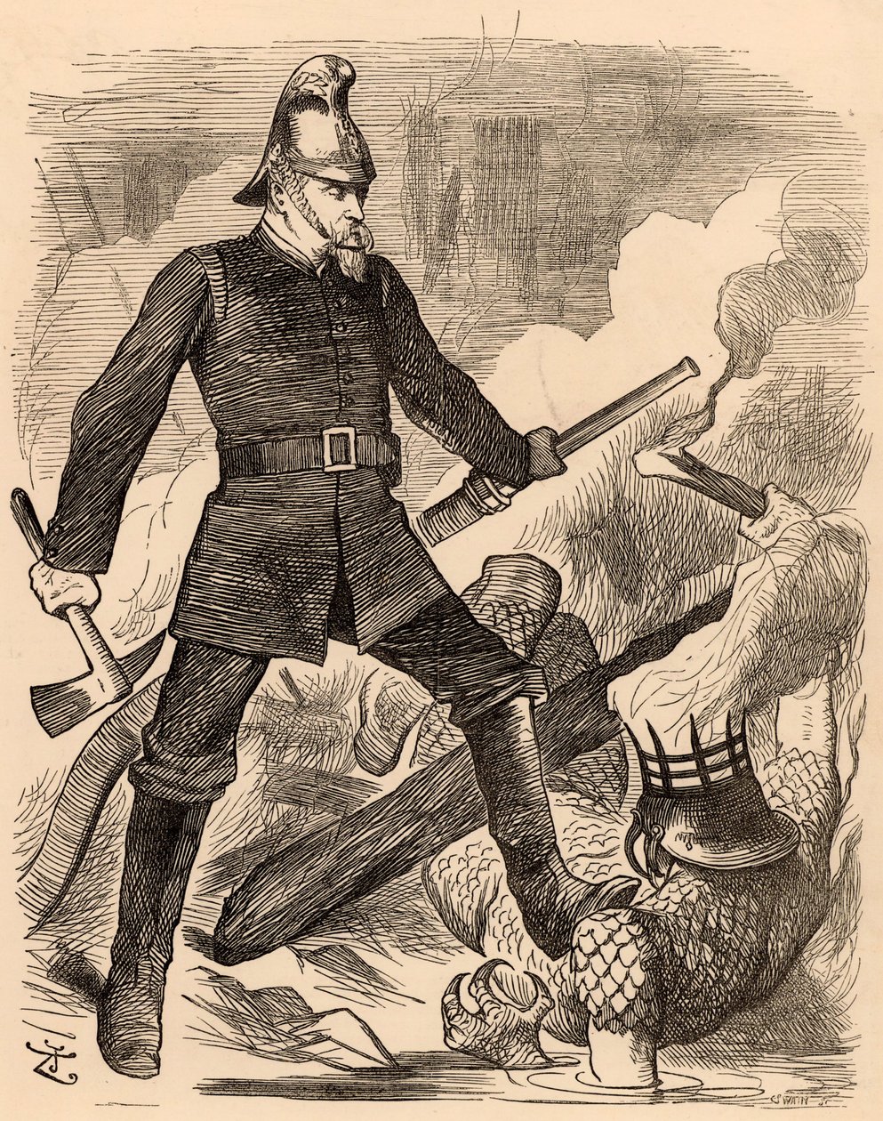 Eyre Massey Shaw fighting fire, from "Punch" London, 20 August 1887 (engraving) 作者 约翰·坦尼尔