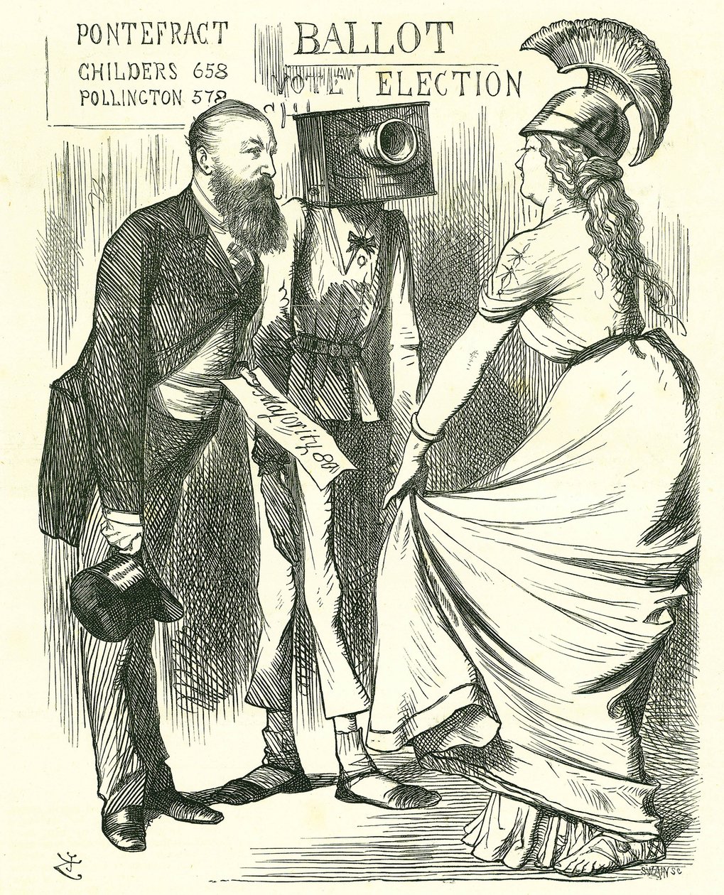 Hugh Childers (1827-1896) 英国议员，告诉不列颠尼亚新投票箱的成功。 1872 年 8 月 24 日，伦敦，《Punch》中的 John Tenniel 卡通。 作者 约翰·坦尼尔