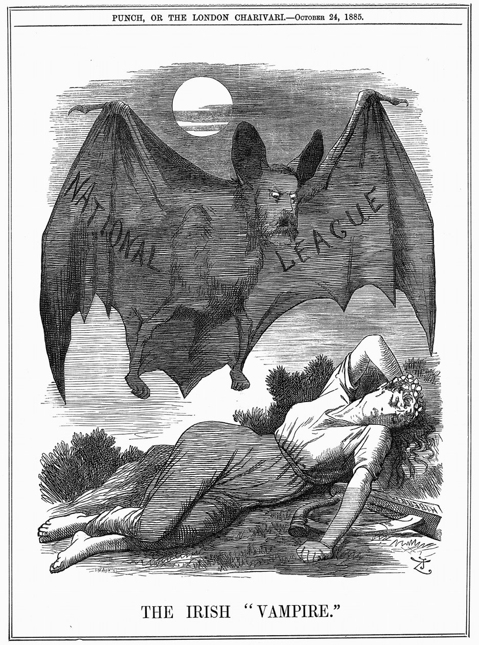 Irish National League, with face of Charles Stewart Parnell (1846-1891), shown as a vampire preying on Ireland. John Tenniel cartoon from Punch London, 24 October 1885. Engraving 作者 约翰·坦尼尔