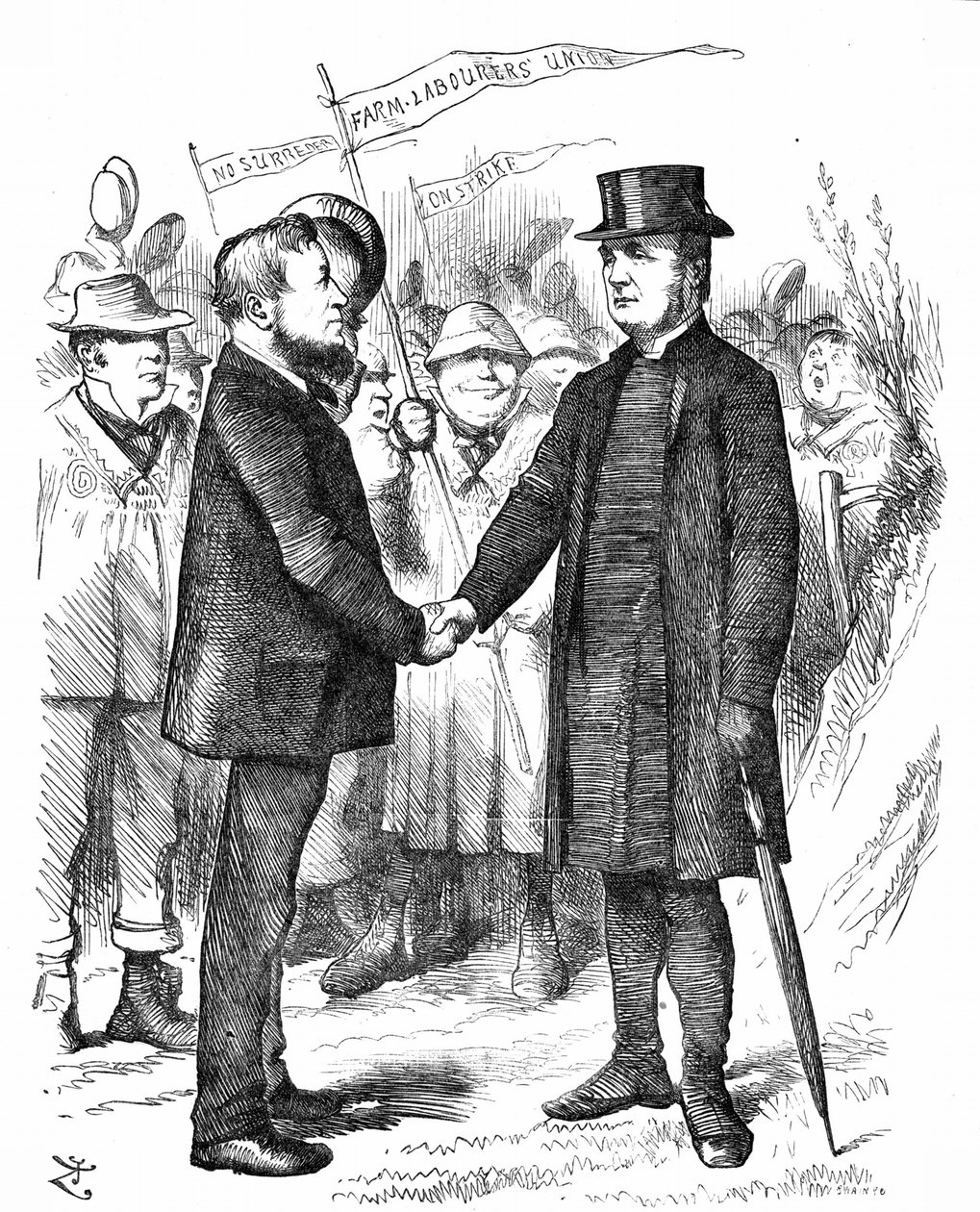 Joseph Arch (1826-1919) English trade unionist, politician and agricultural worker. Founder of National Union of Farm Labourers. Arch greeting the Bishop of Manchester who supported the Union in a letter to The Times. John Tenniel cartoon from Punch London 作者 约翰·坦尼尔