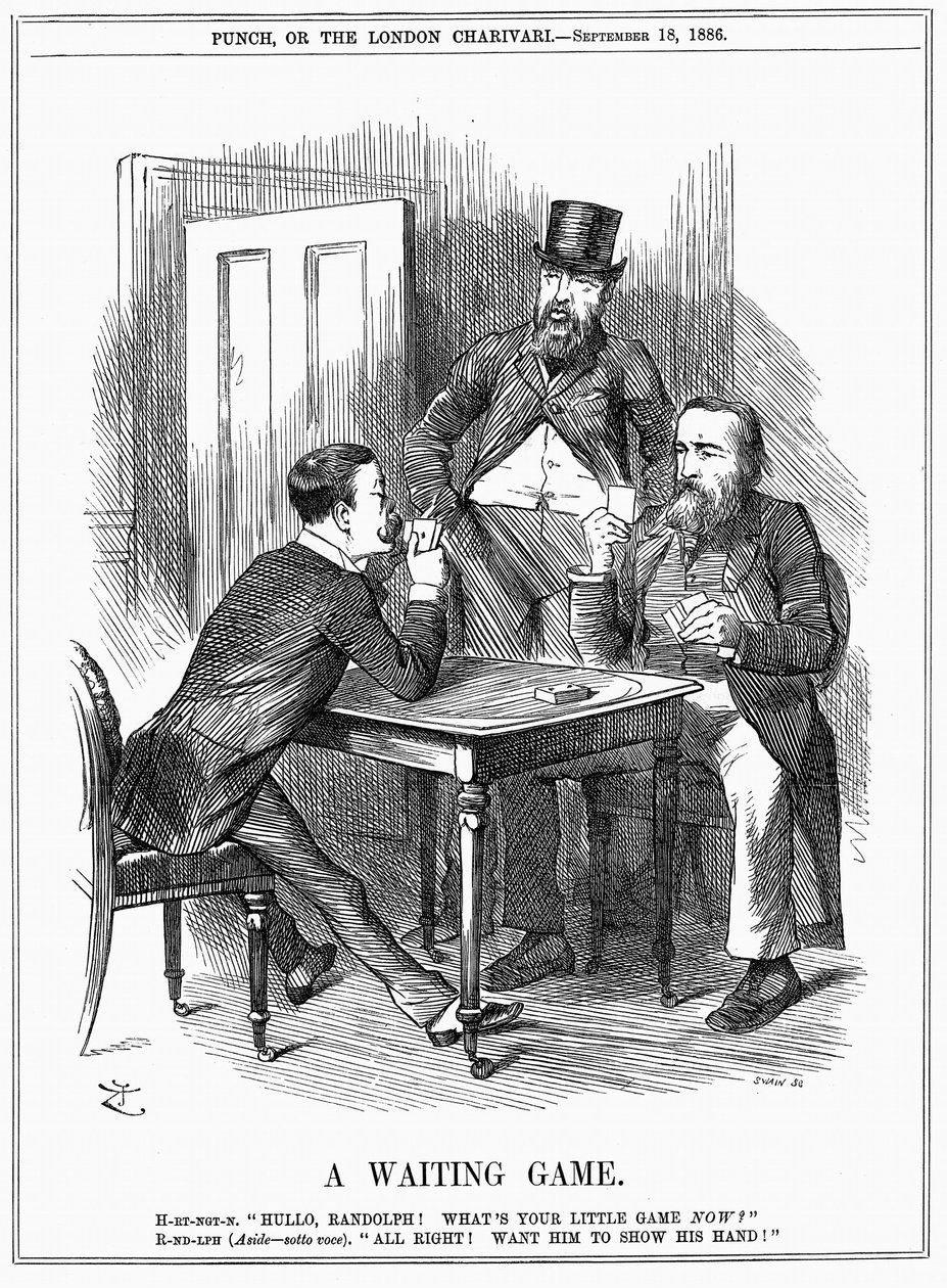 Lord Randolph Churchill (left) trying to make Charles Stewart Parnell, Irish politician, show his hand and let Churchill and Hartington know how he will use Parnellite votes he commands in House of Commons. John Tenniel cartoon from Punch 18 September 1886 作者 约翰·坦尼尔