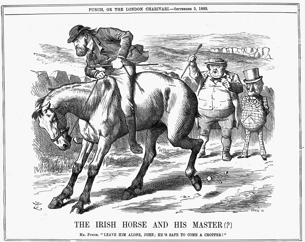 Mr Punch tells John Bull to ignore Charles Stewart Parnell (1846-1891), Irish politician, as he is sure to come a cropper riding the Irish horse. John Tenniel cartoon from Punch London 5 September 1885. Engraving 作者 约翰·坦尼尔