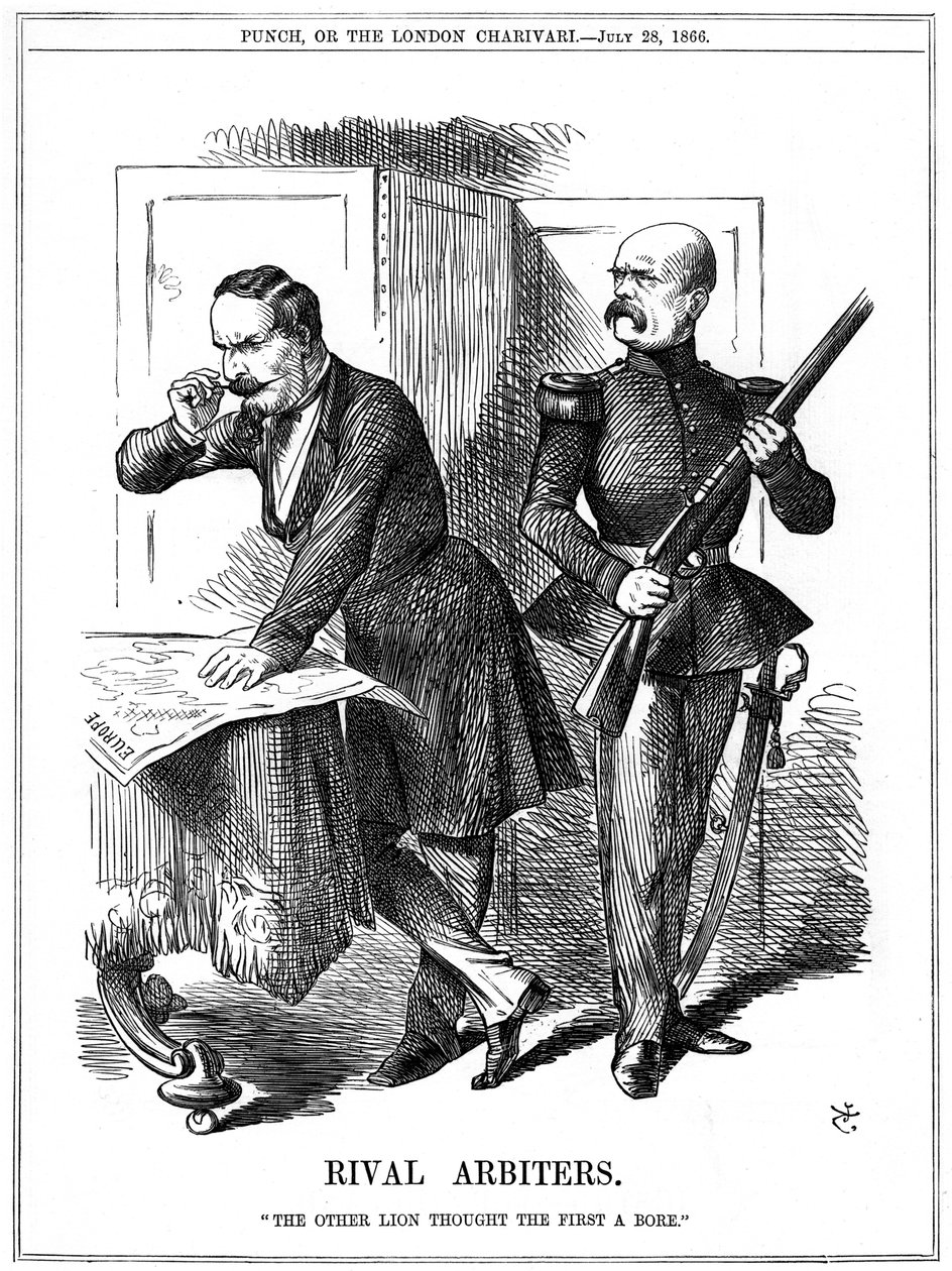 Napoleon III (1808-1873), Emperor of France 1852-1870, and Otto von Bismarck (1808-1783), Chancellor of Prussia, carving up Europe. Their conflicting ambitions led to the Franco-Prussian War of 1870-1871. John Tenniel cartoon from Punch, London, 28 July 18 作者 约翰·坦尼尔