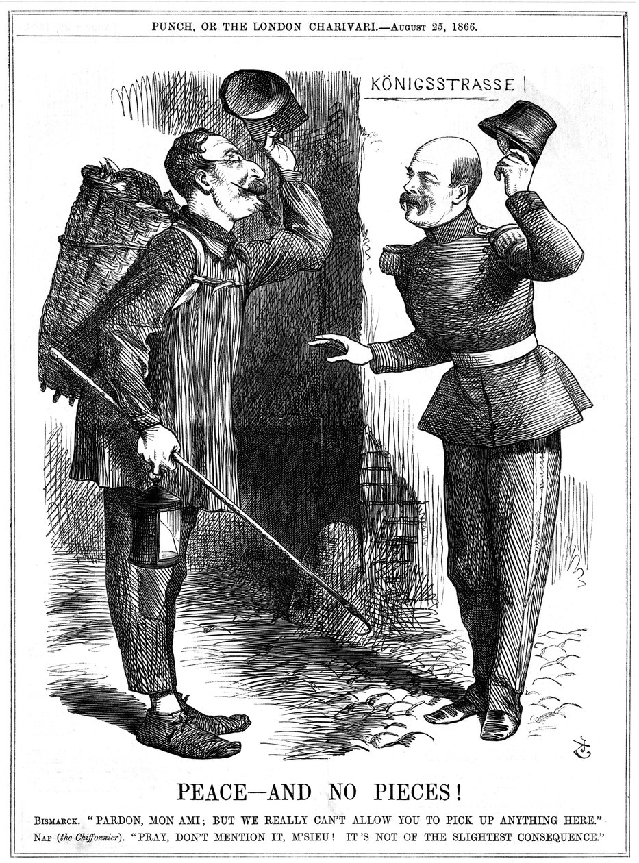 Napoleon III, French Emperor 1852-1870, dressed as a rag-picker (Chiffonnier), warned off by Otto von Bismarck, the Prussian Chancellor. Napoleon
