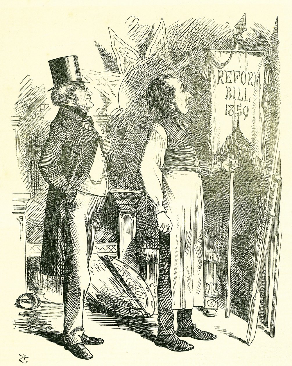 Political Economy: Reform of Parliament - extension of the franchise. Disraeli (Chancellor) and Derby (Prime Minister) dusting off the Reform Bill. In 1867 Disraeli introduced a new bill. John Tenniel cartoon from Punch, London 作者 约翰·坦尼尔