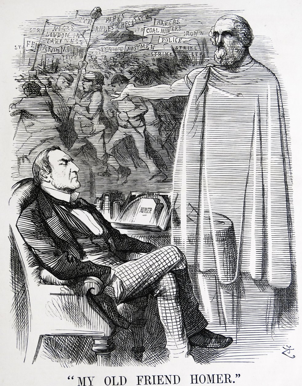 描绘威廉·尤尔特·格莱斯顿 (William Ewart Gladstone) 和他的“老朋友荷马”的政治讽刺作品 作者 约翰·坦尼尔