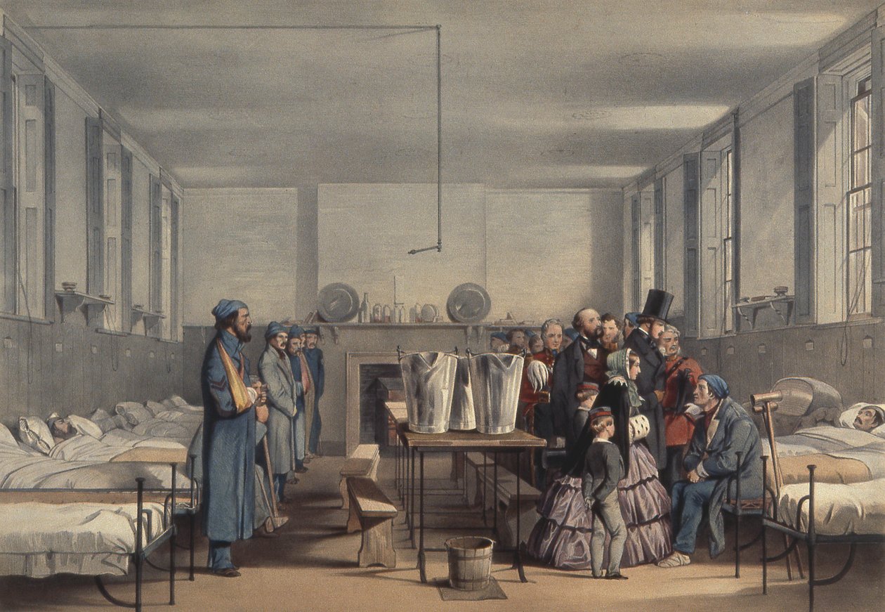 维多利亚女王和阿尔伯特亲王在1855年在查塔姆的布朗普顿医院探访在克里米亚战争中受伤的士兵 作者 约翰·坦尼尔