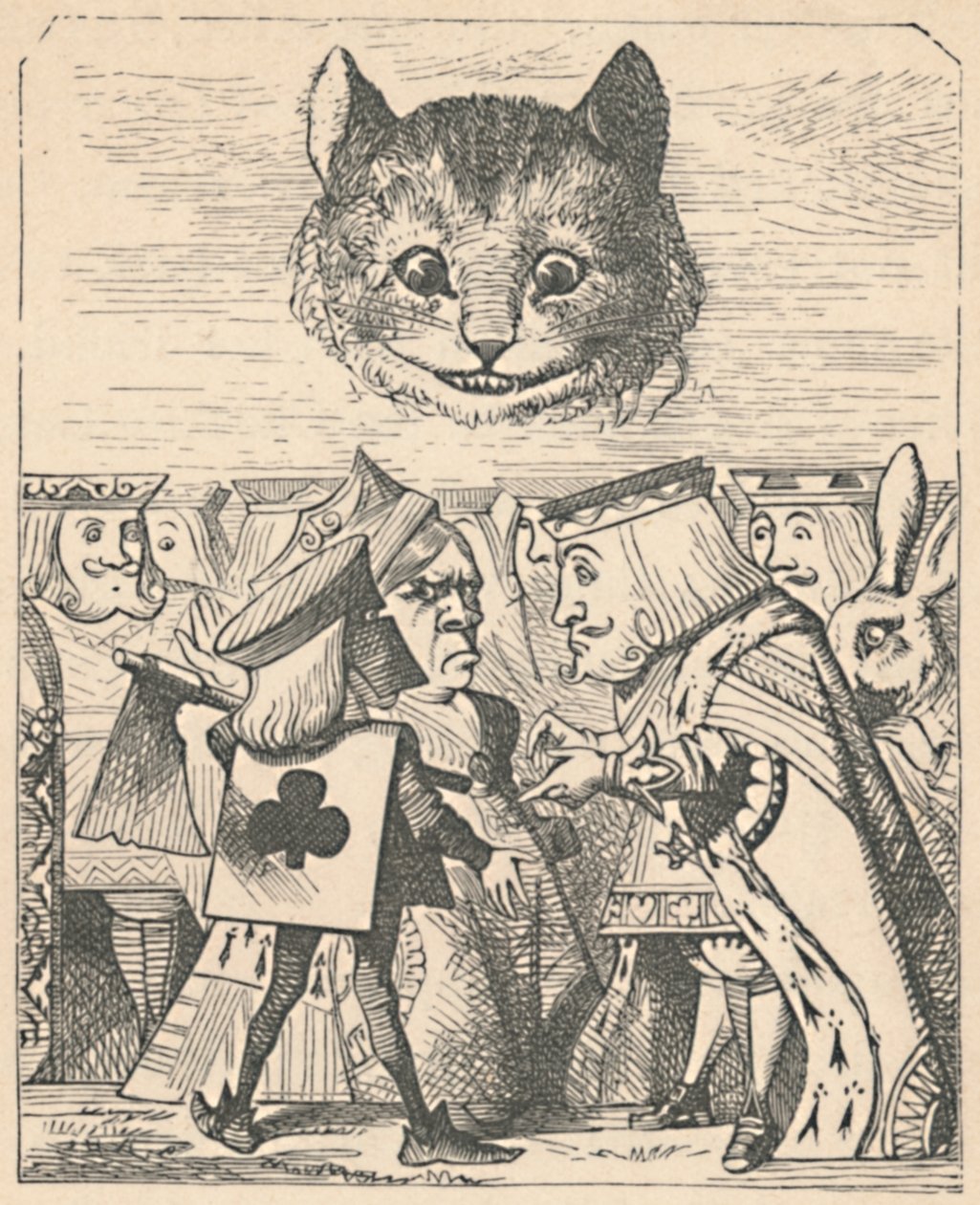 柴郡猫低头看着红国王和王后吵架，1889年 作者 约翰·坦尼尔