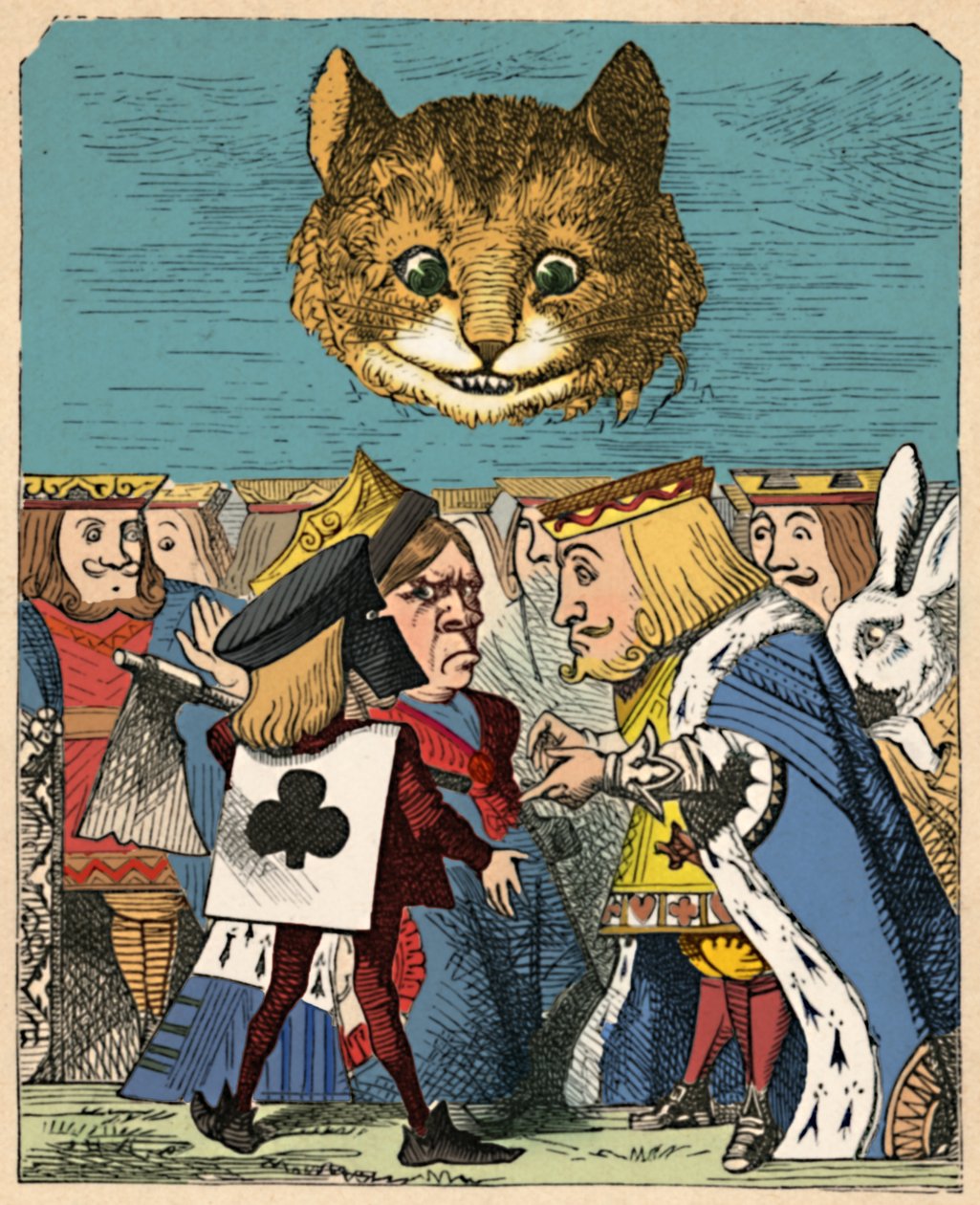 柴郡猫低头看着红国王和王后吵架，1889年 作者 约翰·坦尼尔