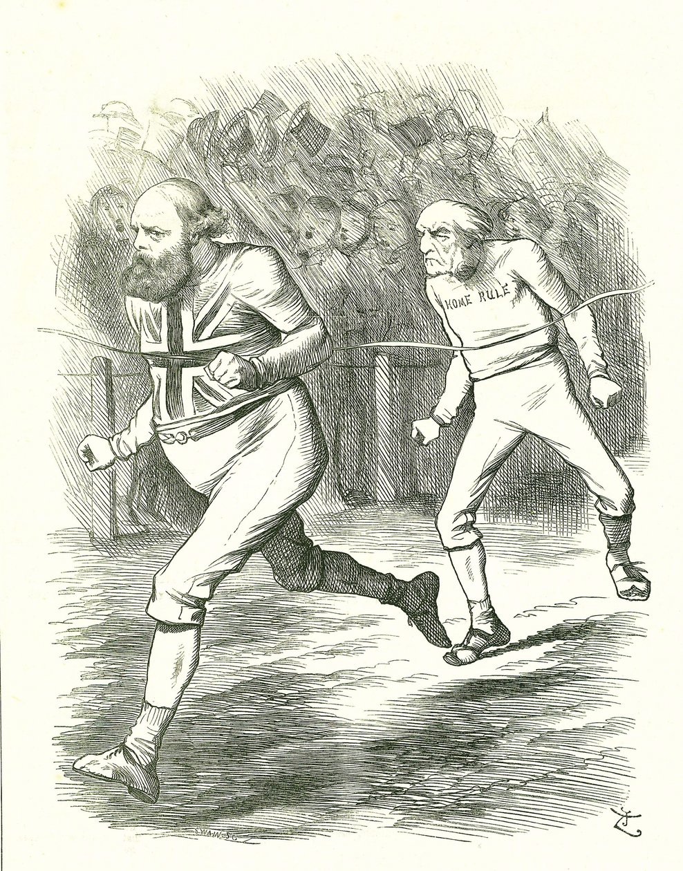 The Finish: General Election 1886. Gladstone (Liberal) went to the country over his Home Rule for Ireland bill. Salisbury (Conservative opposition) beats Gladstone to the finishing line . John Tenniel cartoon from Punch, London 作者 约翰·坦尼尔