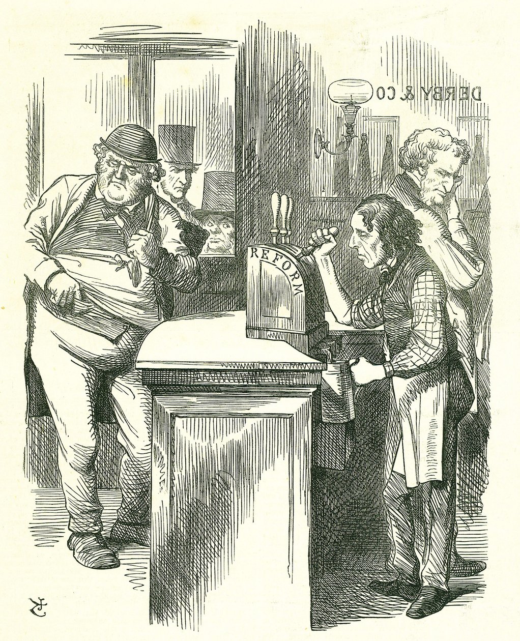 The Honest Pot Boy: Reform of Parliament - extension of the franchise. Disraeli serving up Reform to John Bull watched by his parliamentary opposition. He introduced and carried his Reform Bill. Tenniel cartoon from Punch, London 作者 约翰·坦尼尔