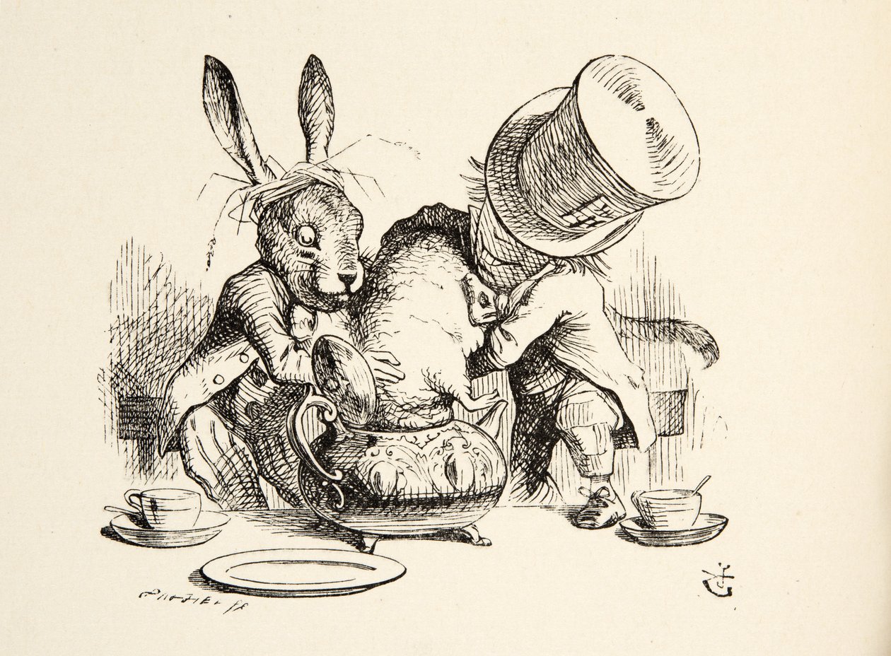 Mad Hatter和March Hare把睡鼠放在茶壶里，来自Alices Adventures in Wonderland的Lewis Carroll（1832  -  98），酒吧。 1891年 作者 约翰·坦尼尔