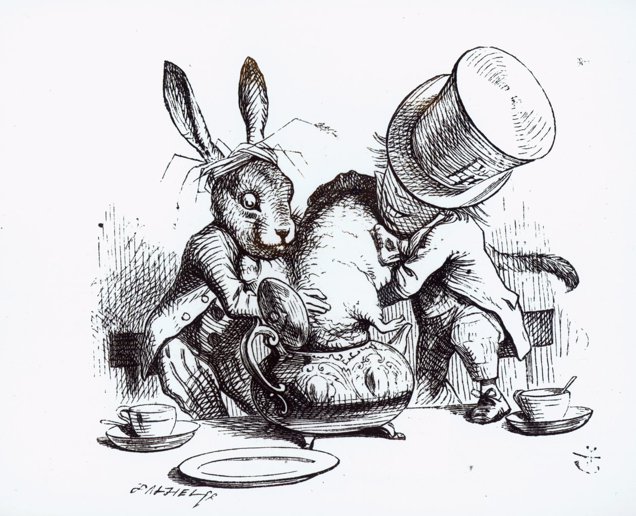 Mad Hatter和March Hare把睡鼠放在茶壶里，插图来自&39;爱丽丝梦游仙境&39;，作者：Lewis Carroll，1865 作者 约翰·坦尼尔