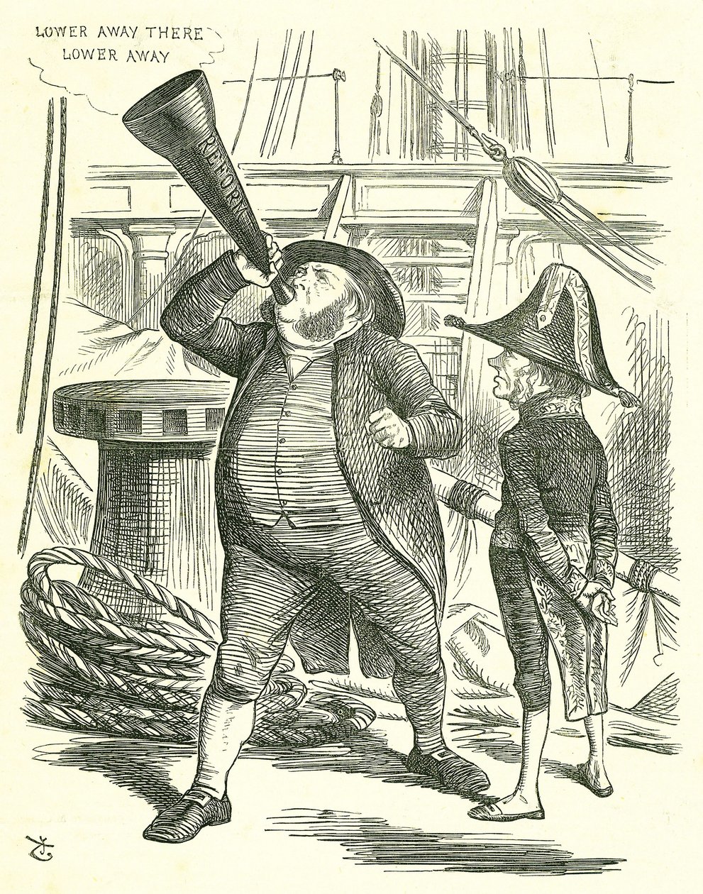 The Officious Passenger: Reform of Parliament - extension of the franchise. The Prime Minister, Lord John Russell, asking John Bright to stop trumpeting the Reform Bill. Russell defeated by Parliament on the Reform Bill in May 1866. John Tenniel cartoon fr 作者 约翰·坦尼尔