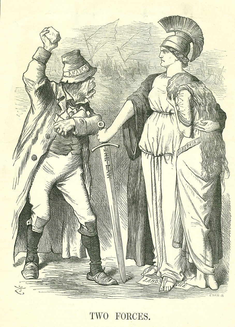 Two Forces: Irish Land League outlawed. Britannia protects Hibernia (Ireland) with the Force of Law against the Force of Anarchy. John Tenniel cartoon from Punch, London, 29 October 1881. 作者 约翰·坦尼尔