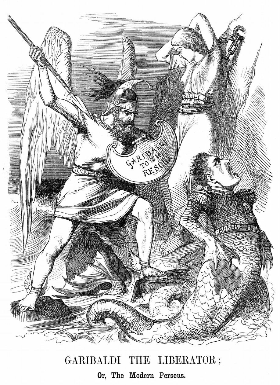 意大利的统一。朱塞佩-加里波第（1807-1882），意大利爱国者，代表新的意大利王国征服了西西里岛和那不勒斯。John Tenniel的漫画，来自伦敦的Punch。 作者 约翰·坦尼尔