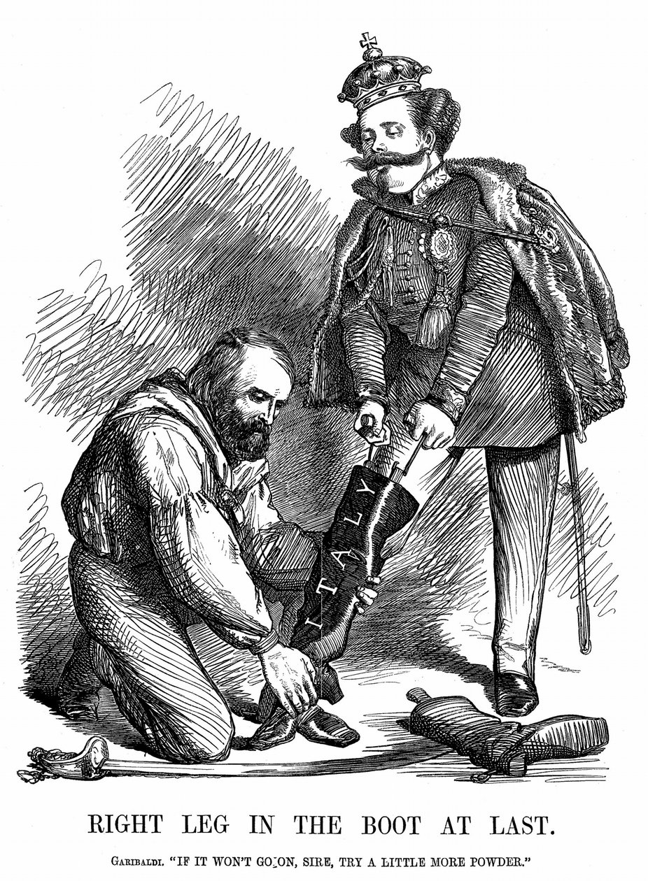 意大利的统一。朱塞佩-加里波第（1807-1882）帮助维克多-伊曼纽尔二世（1820-78）穿上了意大利的靴子。John Tenniel的漫画，来自伦敦的Punch。 作者 约翰·坦尼尔