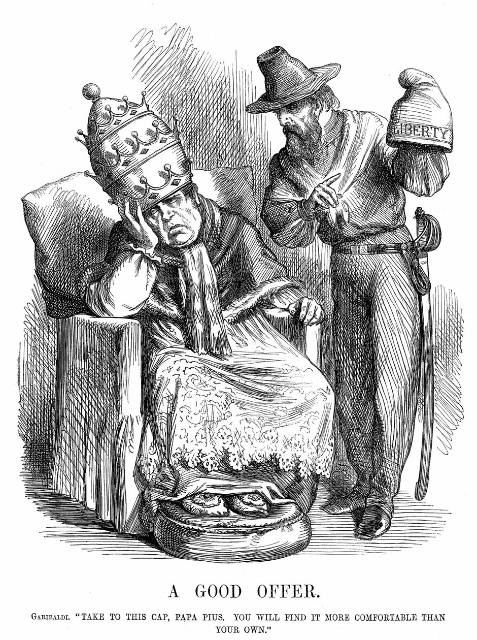 Unification of Italy: Giuseppe Garibaldi (180718-82) trying to persuade Pope Pius IX that the Cap of Liberty would be far more comfortable than the Papal crown. John Tenniel cartoon from Punch, London, 29 September 1860. Wood engraving. 作者 约翰·坦尼尔