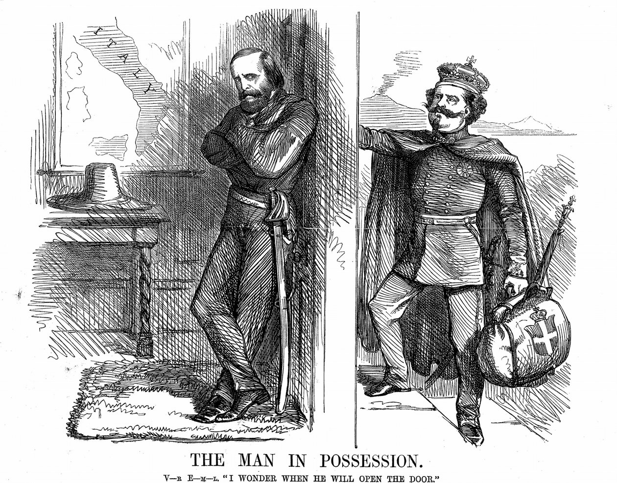 Unification of Italy: Victor Emmanuel II (1820-1878), first king of Italy from February 1861, knocking on the door of Naples which Garibaldi (1807-1882) with his Red Shirts has conquered on behalf of the new Kingdom of Italy. John Tenniel cartoon from Punc 作者 约翰·坦尼尔