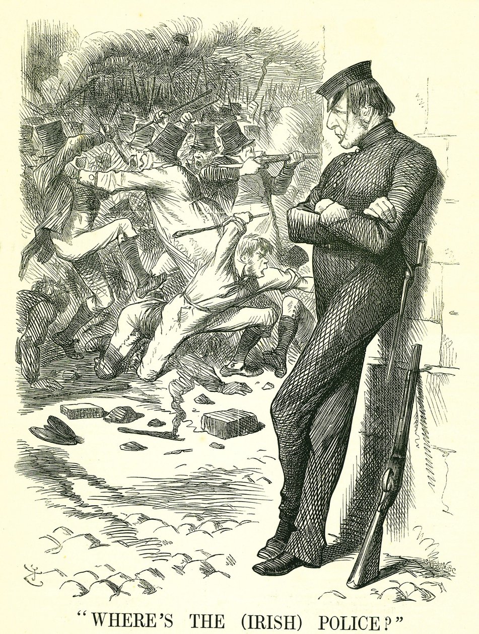 (爱尔兰)警察在哪里？英国首相威廉-格莱斯顿（William Gladstone）观察着爱尔兰的动乱，等待着干预。4月，议会通过了一项新的爱尔兰和平保护法。John Tenniel的漫画，来自伦敦的Punch 作者 约翰·坦尼尔