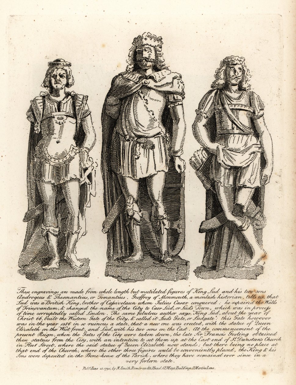 英国国王 Lud 和他的儿子 Angrogeus 和 Theomantius (Temantius)，Trinovantum 城墙的修理工，后来的 Caer Lud 或 Lud