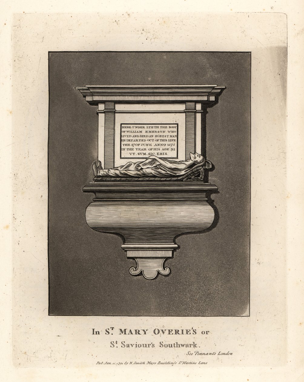 死于1575年的诚实人威廉-爱默生的墓碑，位于南华克的St Mary Overies或St Saviours，其肖像和纪念碑。 作者 约翰·托马斯·史密斯