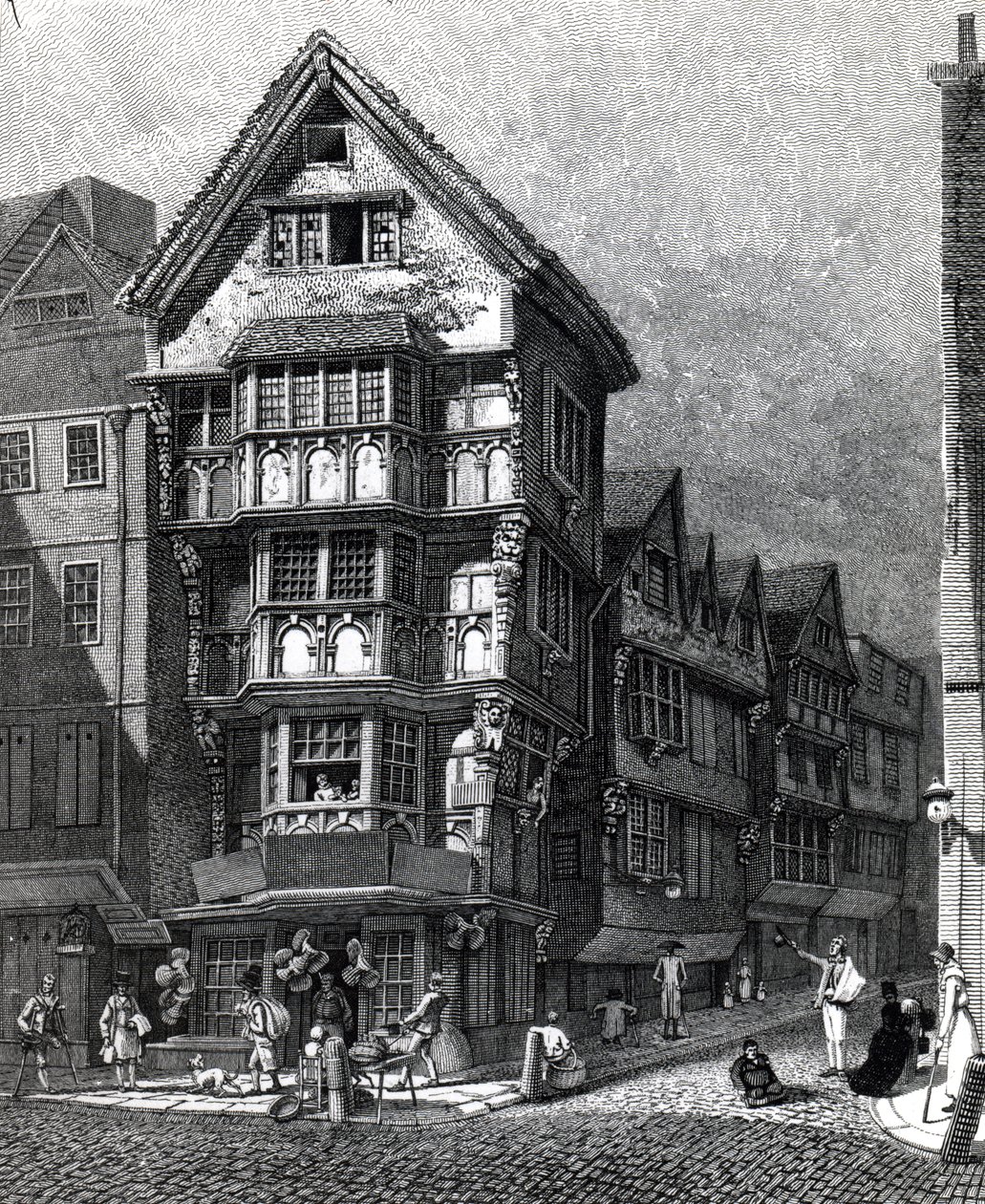 房子最近站在舰队街Chancery Lane的西角，发表于1812年 作者 约翰·托马斯·史密斯