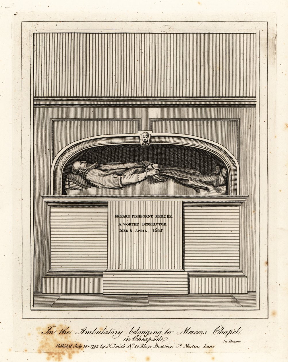 理查德·菲什伯恩·默瑟 (Richard Fishbourne Mercer) 纪念碑，死于 1625 年，位于奇普赛德 (Cheapside) 默瑟斯教堂 (Mercer Chapel) 的门诊 作者 约翰·托马斯·史密斯