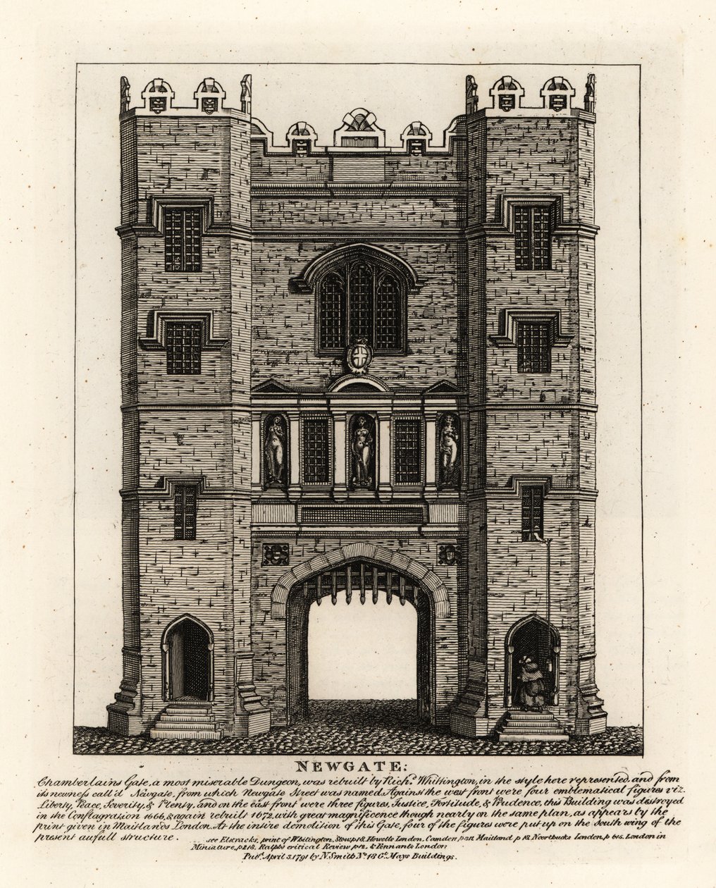 纽盖特，在 1672 年伦敦大火后重建，在前伦敦市长理查德·威廷顿 (Richard Wittington) 建造的大门上有正义、坚韧和审慎三个人物 作者 约翰·托马斯·史密斯