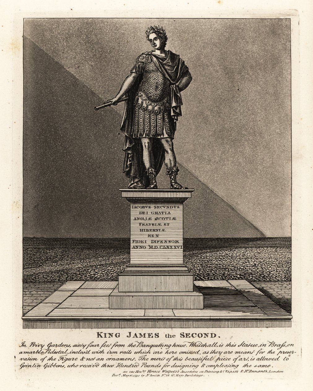 英格兰国王詹姆斯二世的雕像，穿着罗马皇帝的服装，Jacobus Seundus，由Grinlin Gibbons设计，位于枢密院内 作者 约翰·托马斯·史密斯