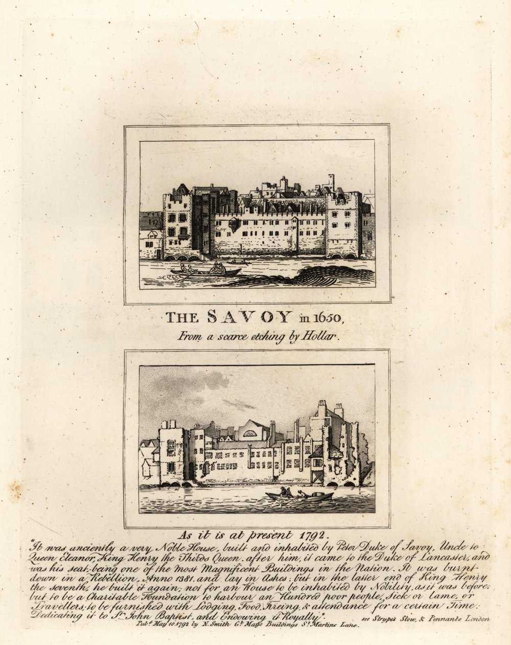 1650 年瓦茨劳斯·霍拉尔 (Wenceslaus Hollar) 印刷的萨沃伊医院，1792 年变成废墟 作者 约翰·托马斯·史密斯