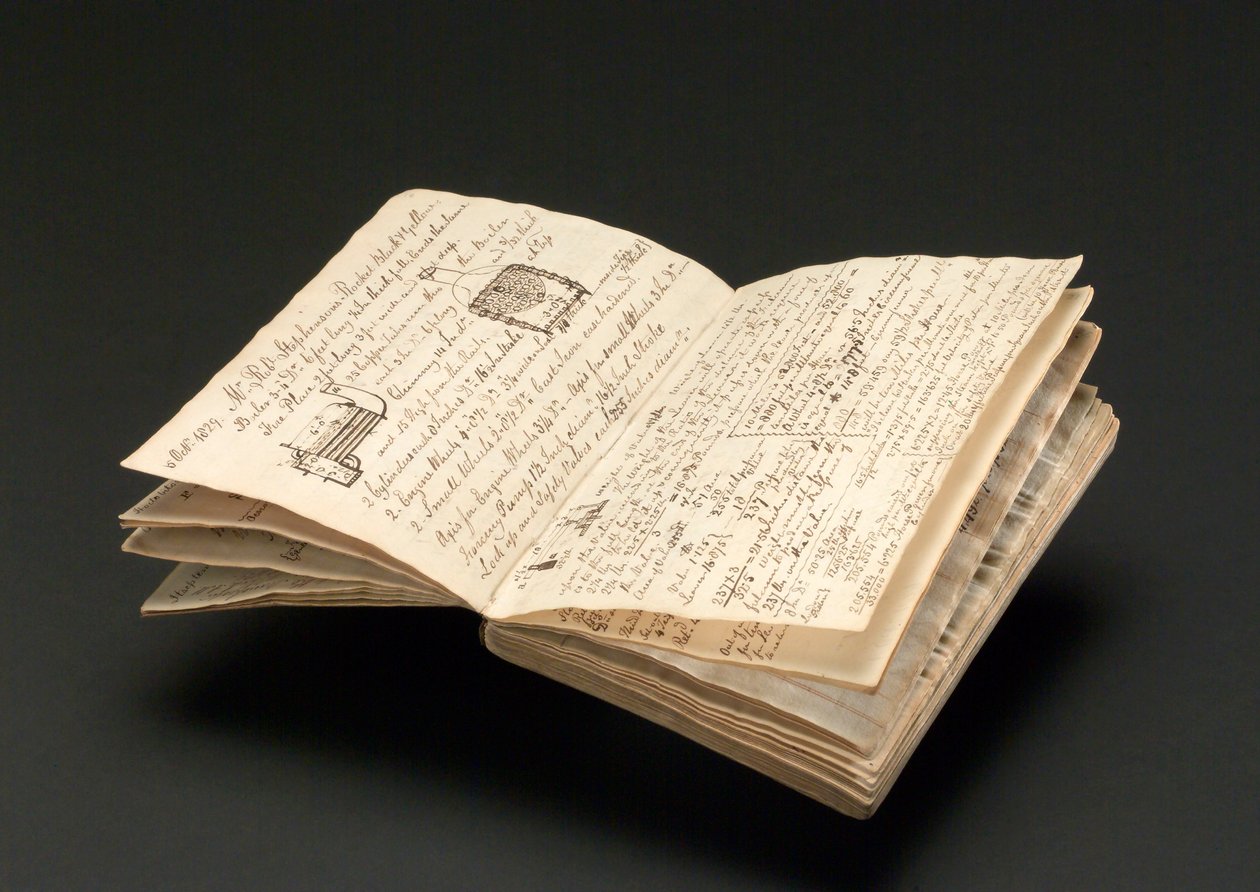 属于 John Urpeth Rastrick 的笔记本，用于记录 1829 年 Rainhill 机车试验的细节（纸上笔墨） 作者 约翰·乌尔佩斯·拉斯蒂克