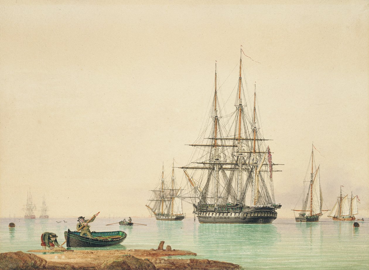 H.M.S.复仇号（纸上钢笔、墨水和水彩画） 作者 约翰·沃德