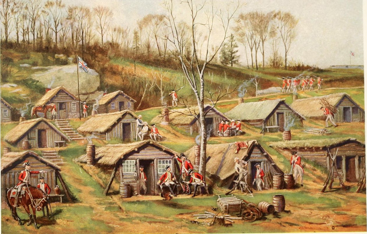 Dyckman农场的小屋营地，来自革命遗物的插图; Reginald Pelha在曼哈顿岛上的堡垒和营地发现了埋藏的军事生活遗骸的故事 作者 约翰·沃德在邓斯莫尔之后