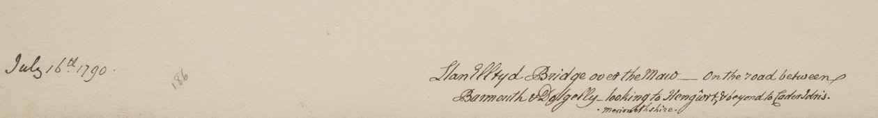 位于巴茅斯和多尔盖劳之间的马路上的Llanelltyd大桥，1790年7月16日，在Merionethshire，看到Hengwrt和更远的Cader Idris 作者 约翰·沃威克·史密斯