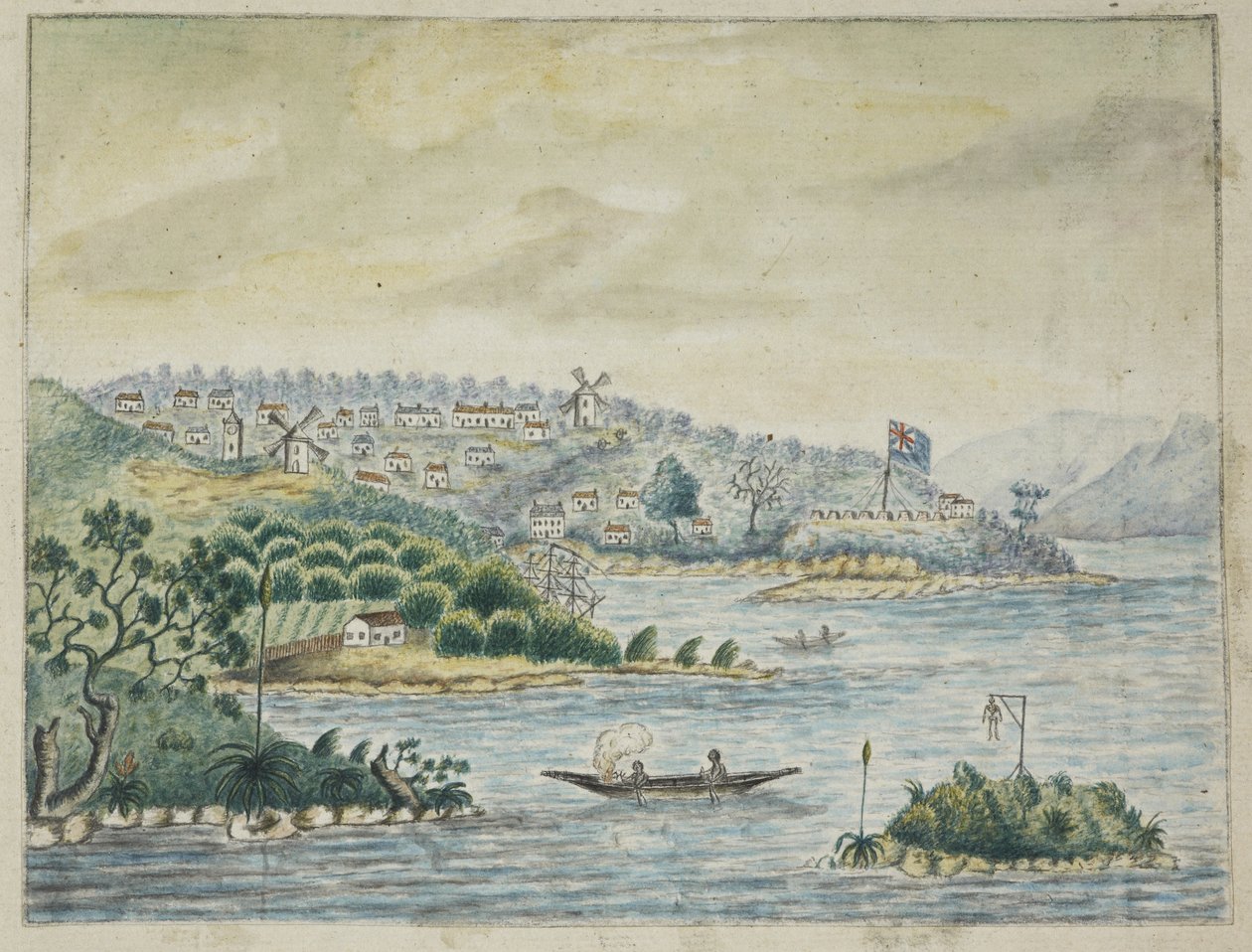 Add.13880, f.79 英国殖民地的景色。前景为独木舟上的当地人，摘自约翰-华盛顿-普莱斯在密涅瓦号运输船上撰写的《从爱尔兰到新南威尔士和孟加拉的日志 作者 约翰华盛顿价格