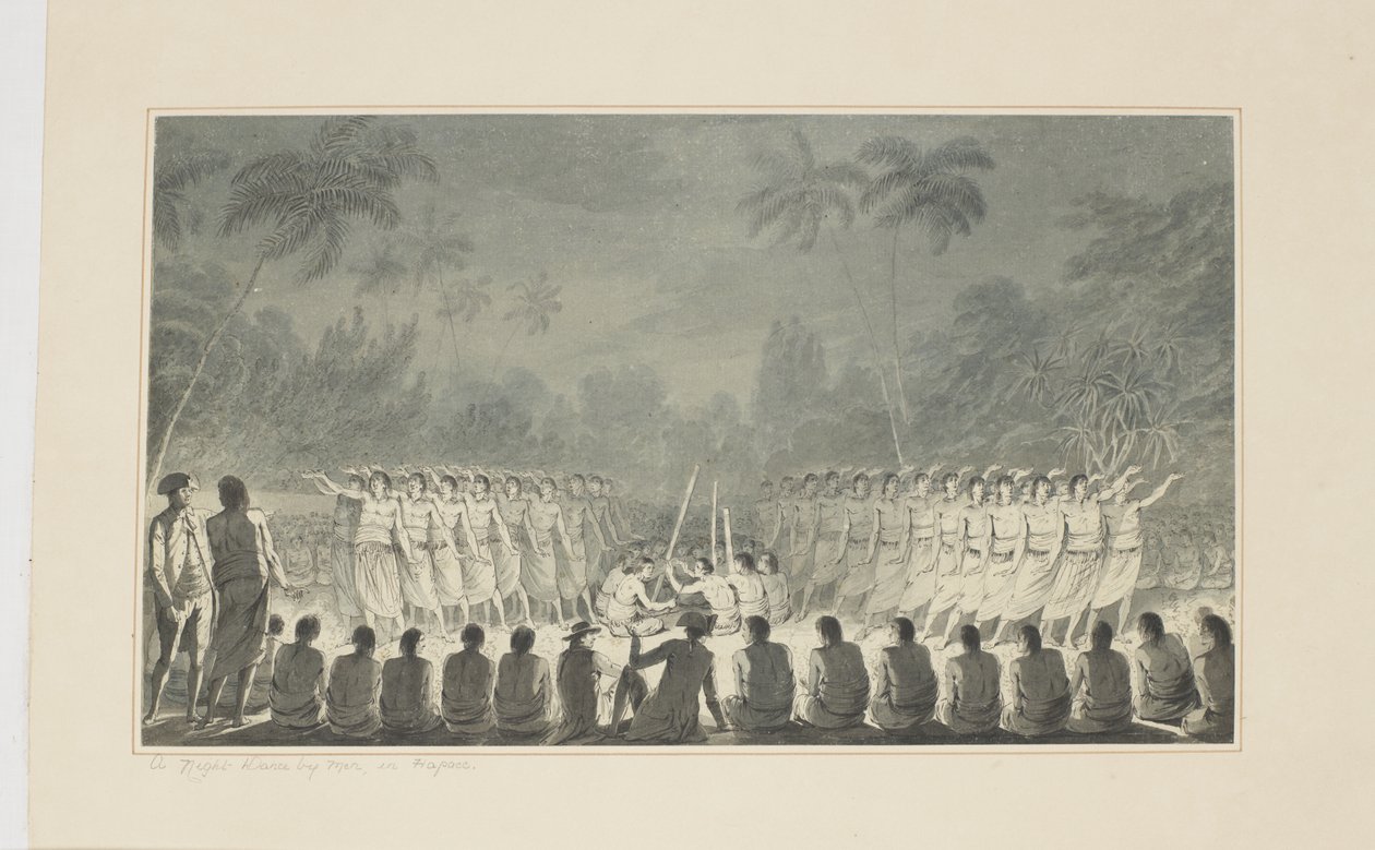 5：Hapaee的男人夜舞，用一系列水彩画描绘库克船长的最后一次航行，c.1773-84 作者 约翰·韦伯