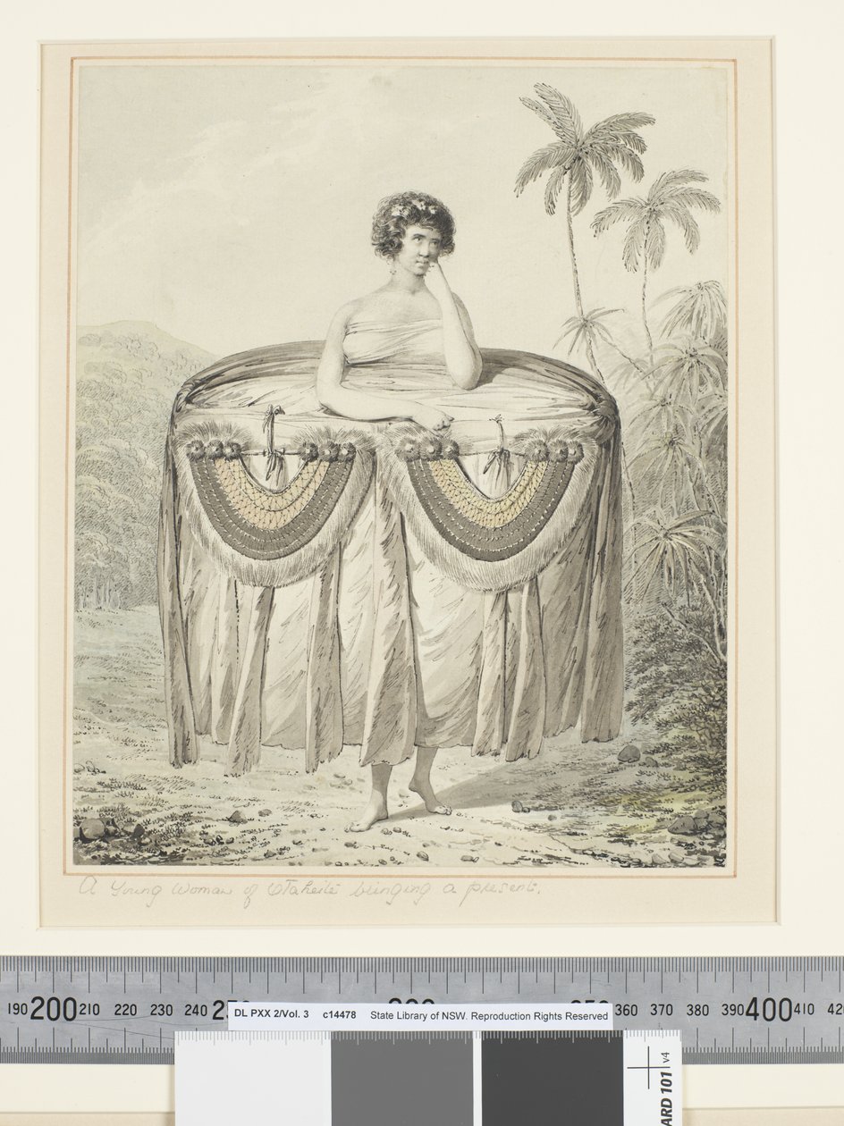 F.12 带礼物的 Otaheite 年轻女子，c.1773-84（水彩） 作者 约翰·韦伯